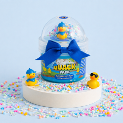 Quack Pack aquatic blue clear slime Hivepod with floating confetti and duck charm