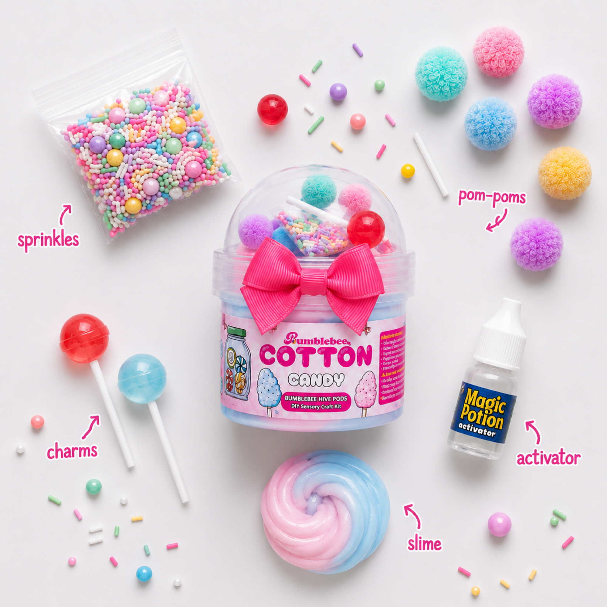 Cotton Candy Hivepod contents laid out: sprinkles, pom-poms, lollipop charms, activator bottle and pastel slime