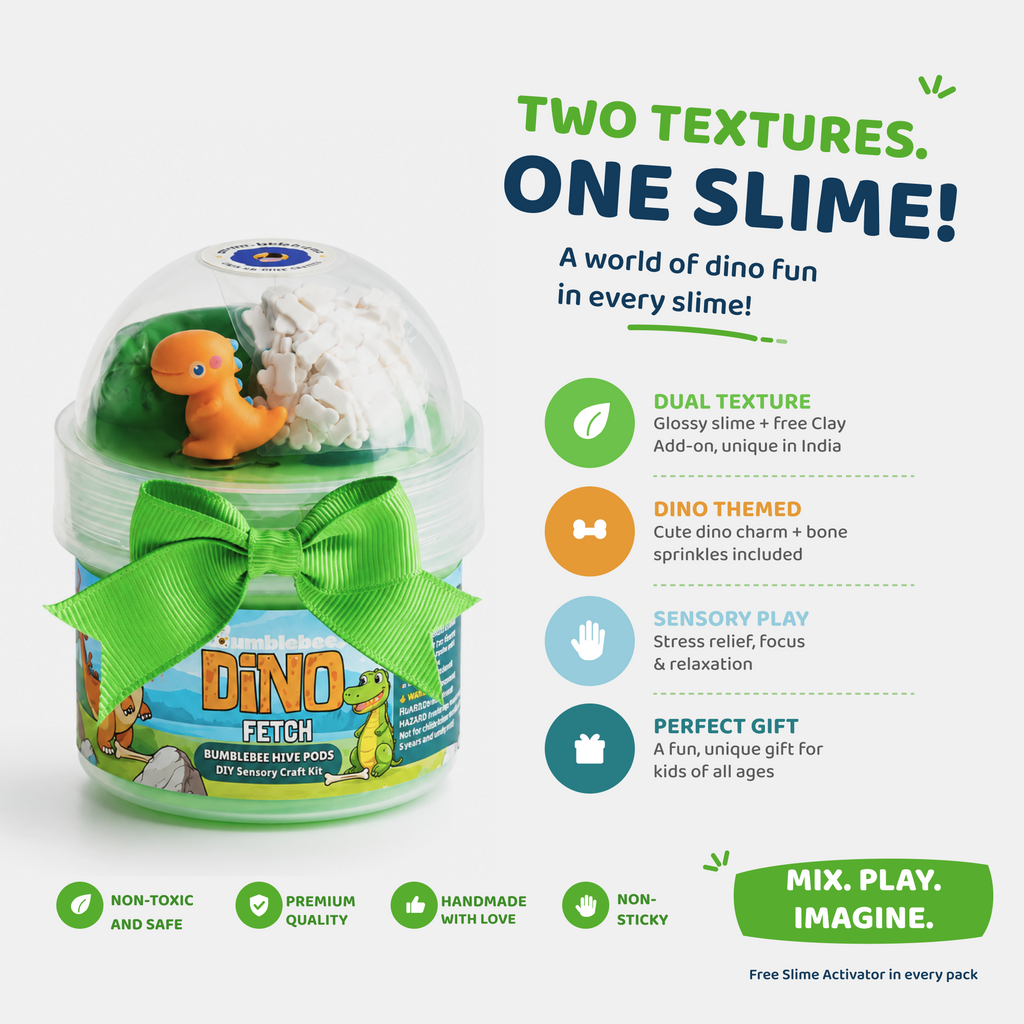 Dino Fetch features: dual texture slime and clay, dinosaur theme, sensory play, ideal gift for dinosaur fans