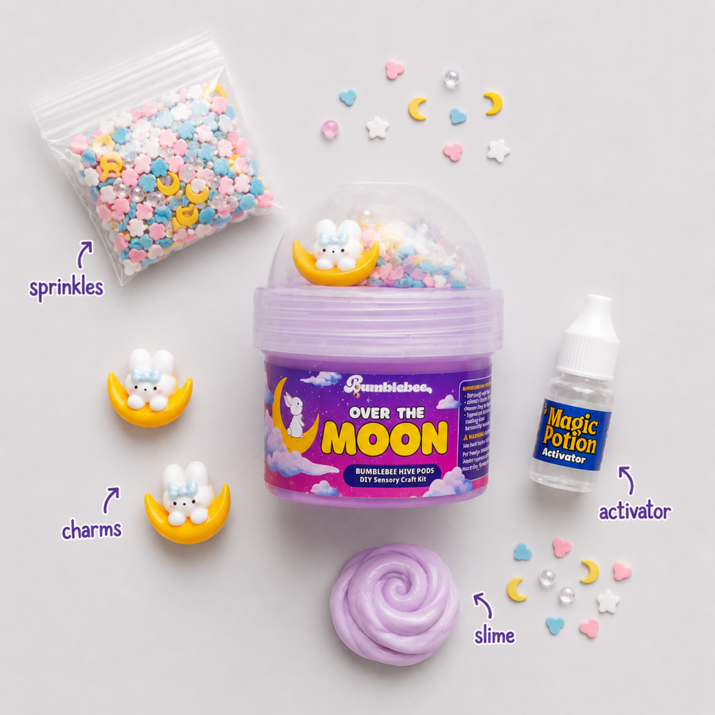 Over the Moon contents laid out: pastel sprinkles, bunny moon charms, activator bottle and lilac slime