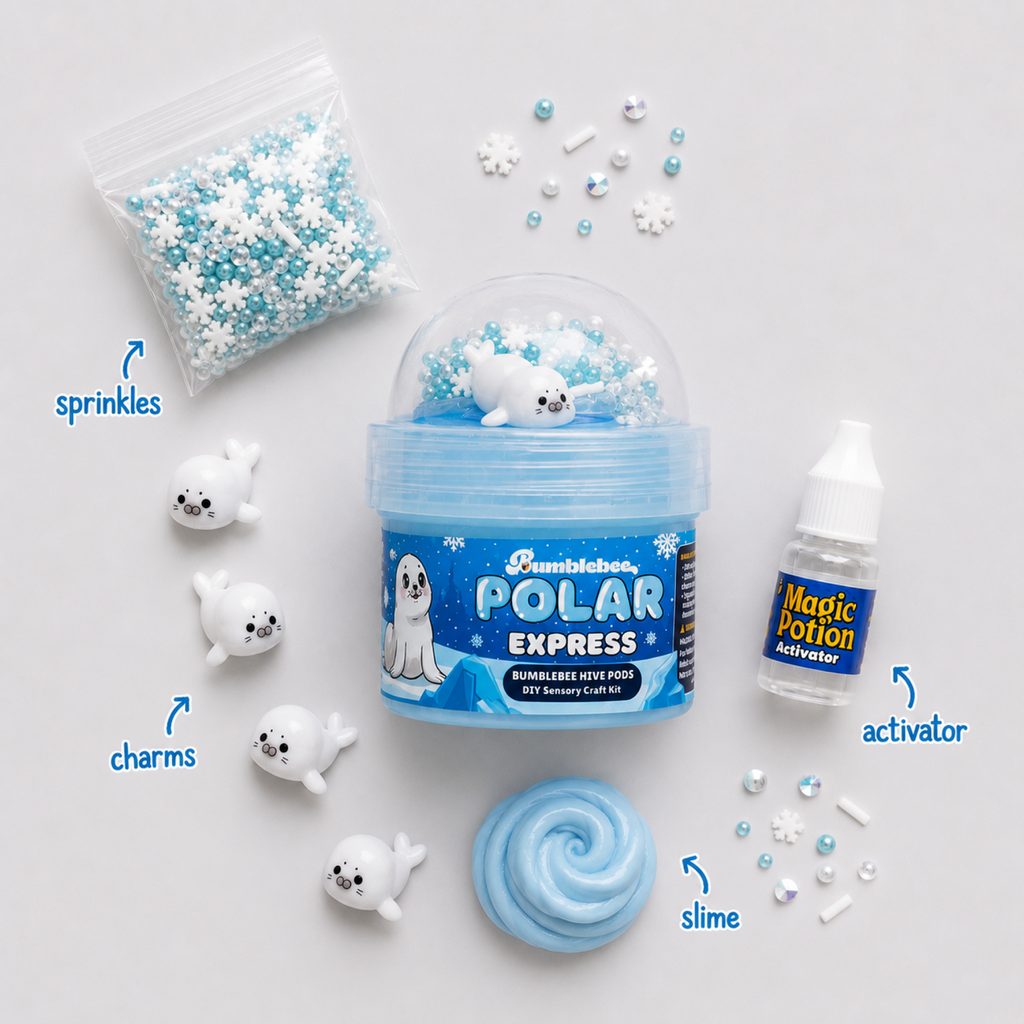 Polar Express contents laid out: snowflake and pearl sprinkles, seal charms, activator bottle and blue slime