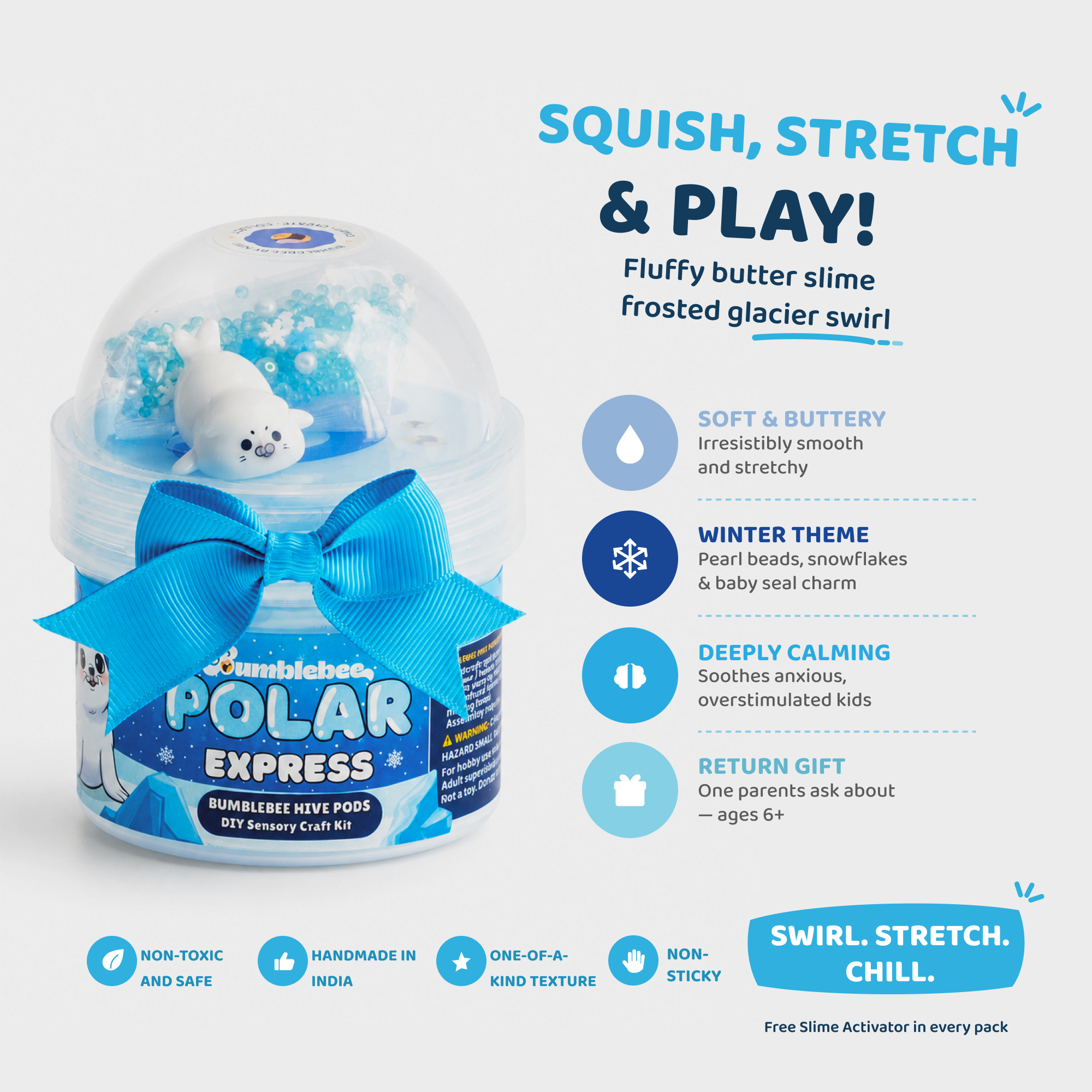 Polar Express features: soft buttery texture, winter theme with pearl beads and seal charm, deeply calming, return gift