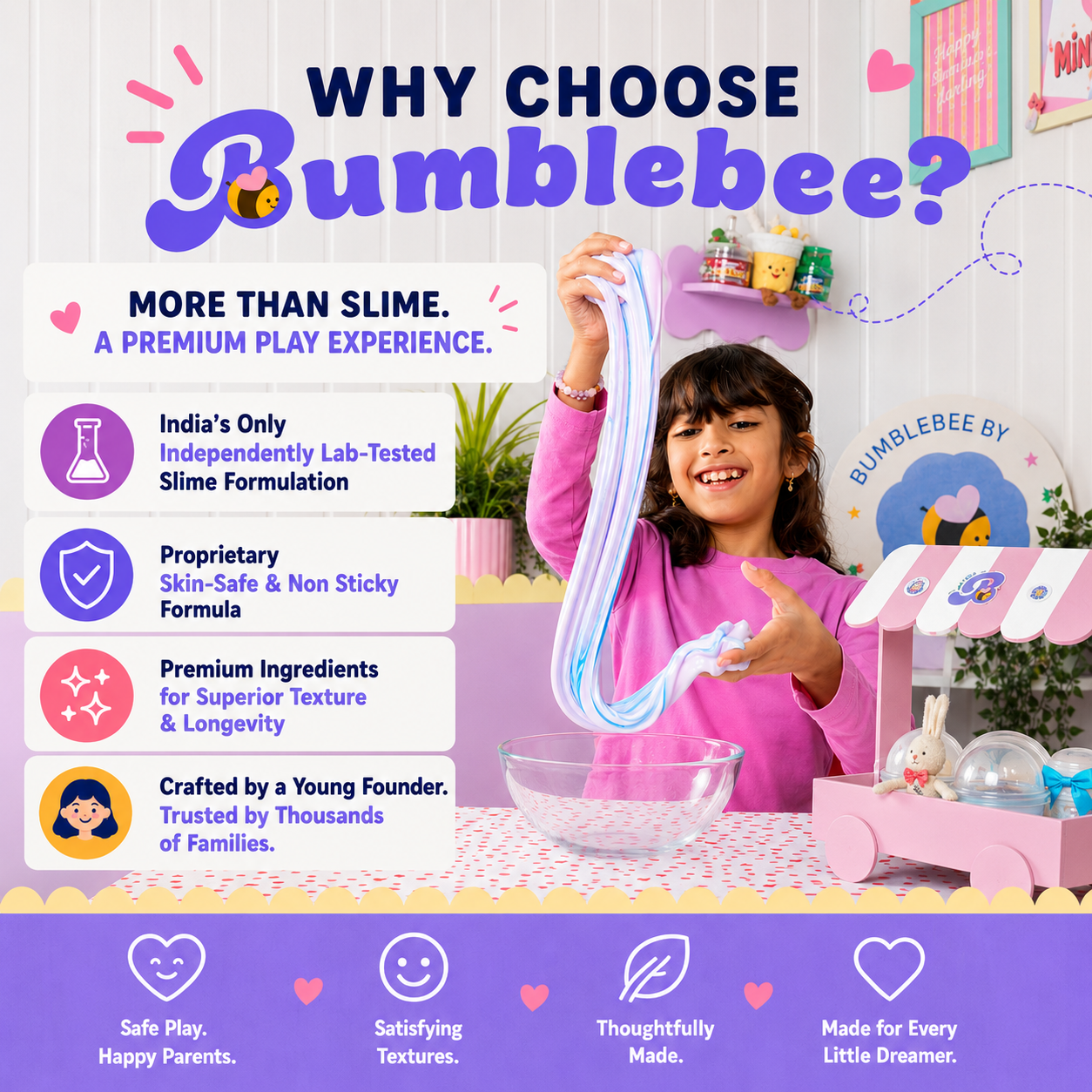 Why choose Bumblebee: independently lab-tested formulation, skin-safe and non-sticky, premium ingredients, founded by a young creator